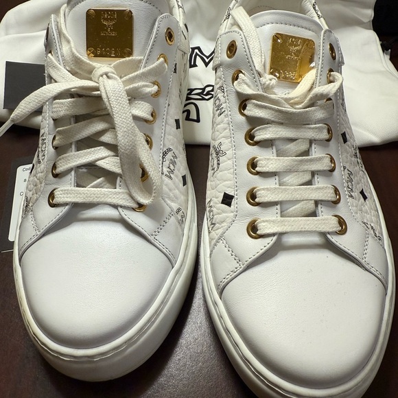 MCM White Leather Sneakers with Logo Pattern - Picture 8 of 13
